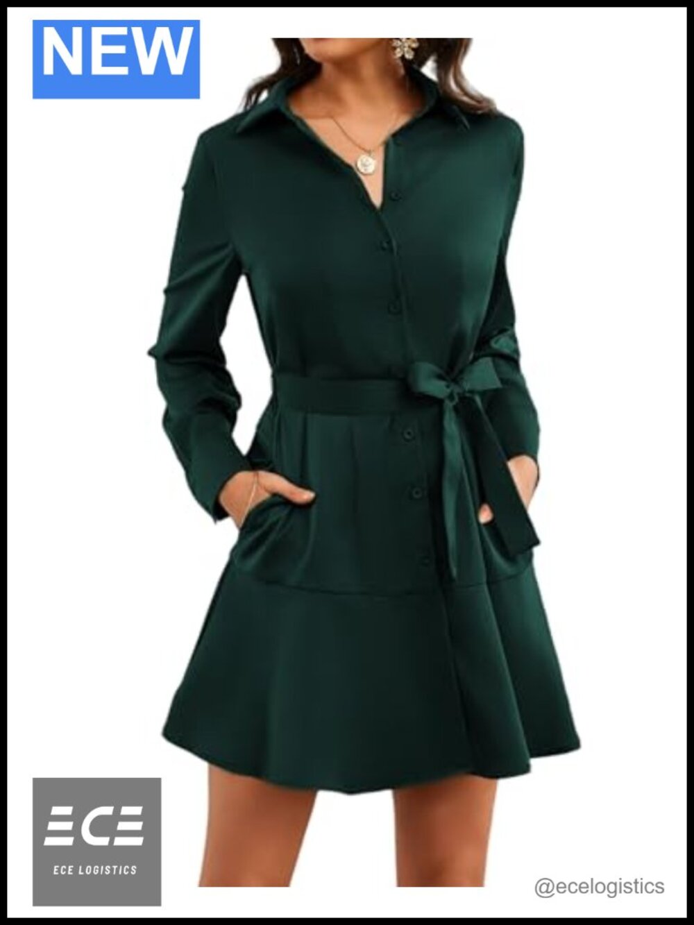 Satin Button Up Midi Shift Shirt Dress with Pockets Long Sleeve Work Office